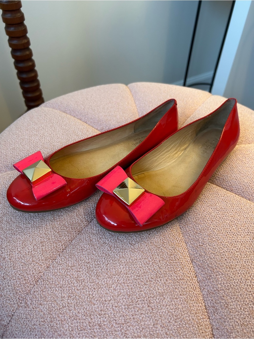 kate spade Red Patent Leather Flats with Pink Bow and Gold Accent